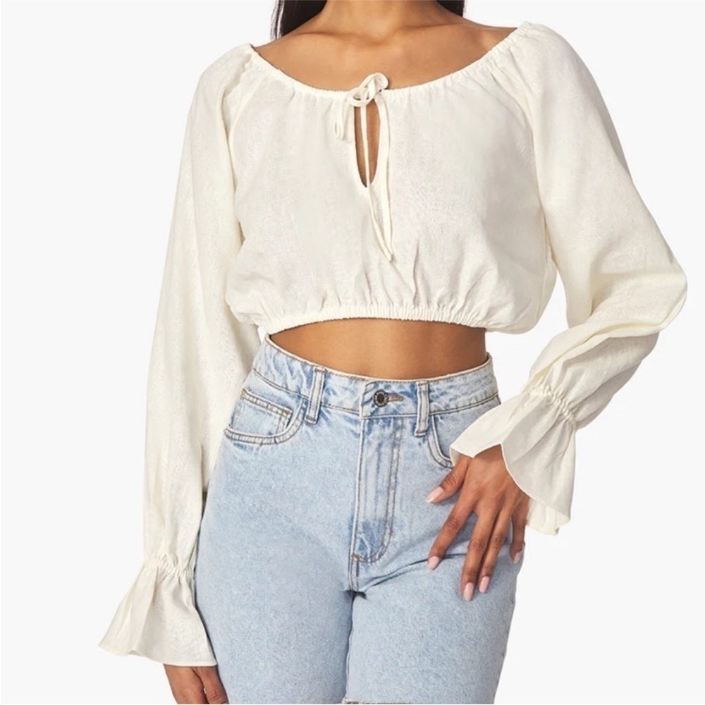 Who wore what whisper white ON/OFF SHOULDER TIE FRONT TOP linen blend Size XL